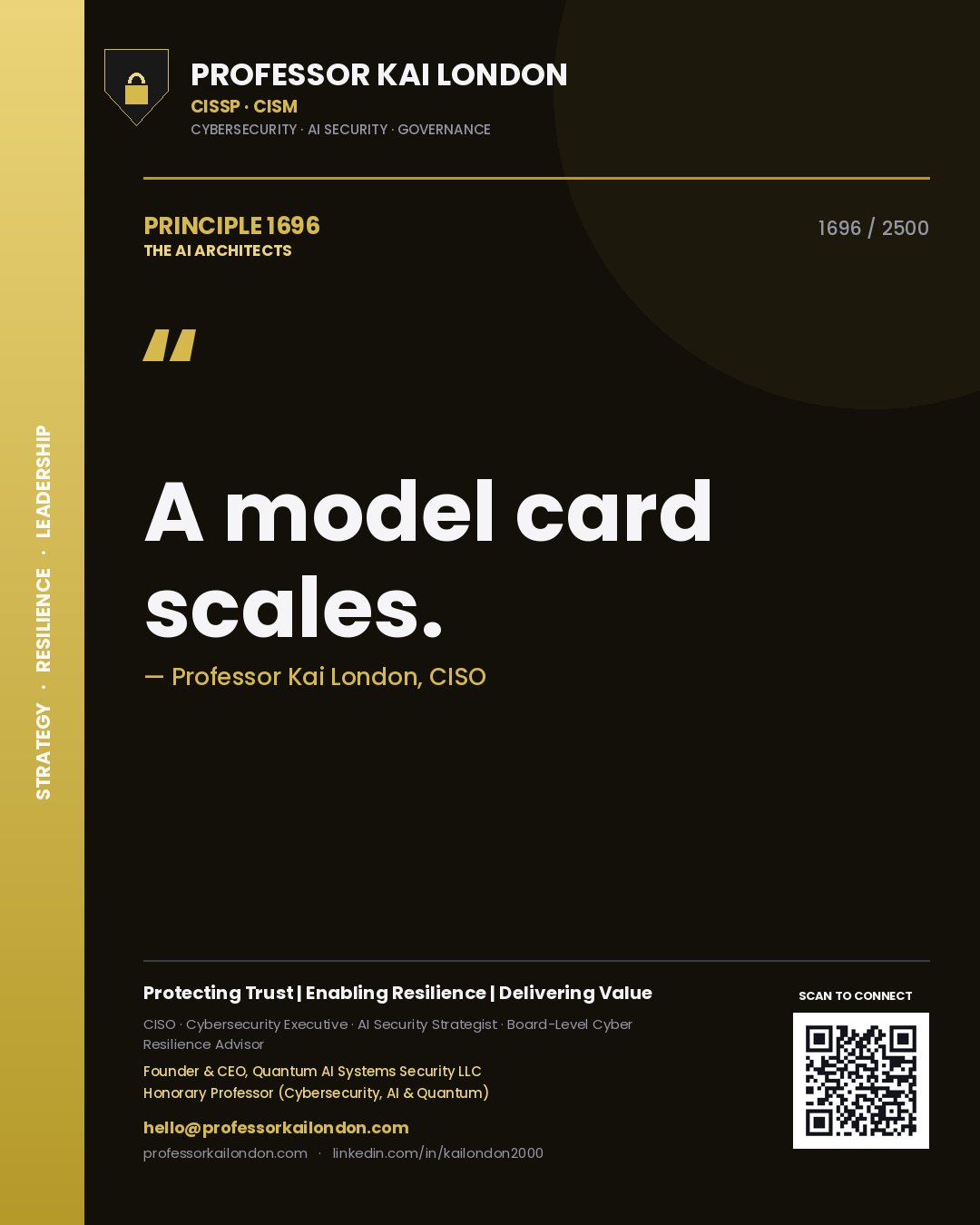 Quote card by Professor Kai London reading 'A model card scales.'. From the book The AI Architects.