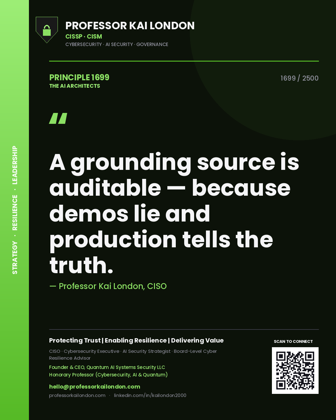 Professor Kai London principle 1699: A grounding source is auditable — because demos lie and production tells the truth.