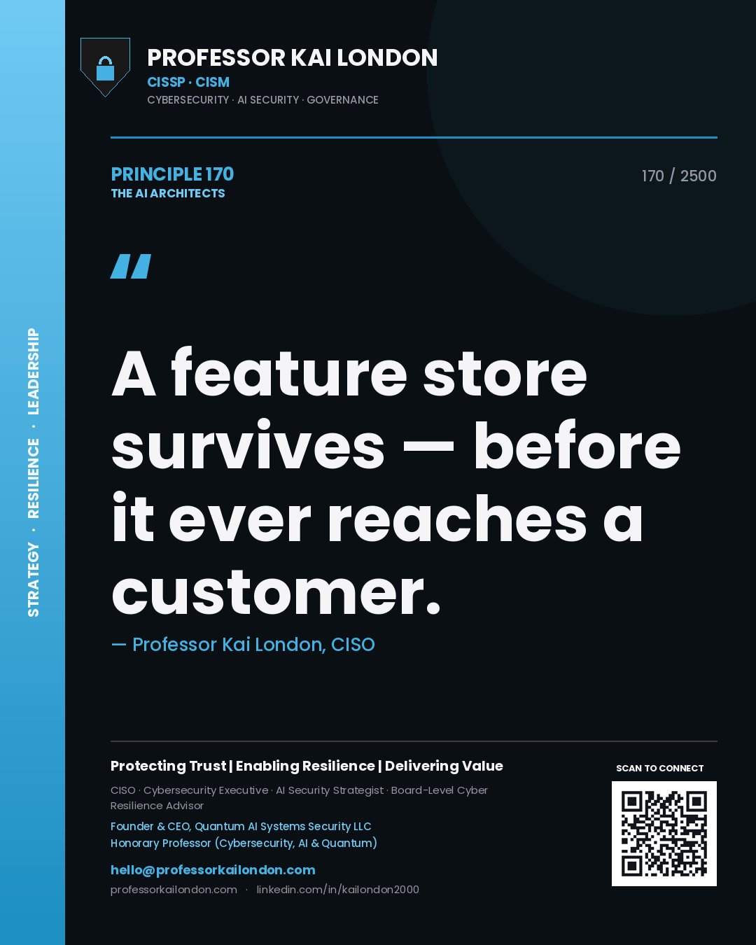 Quote card by Professor Kai London reading 'A feature store survives — before it ever reaches a customer.'. From the book The AI Architects.
