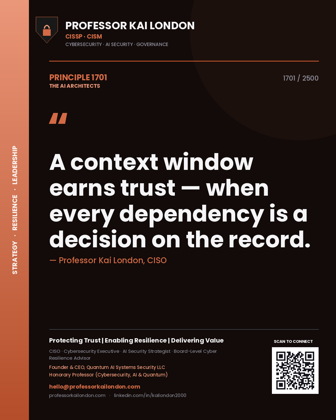 Quote card by Professor Kai London reading 'A context window earns trust — when every dependency is a decision on the record.'. From the book The AI Architects.