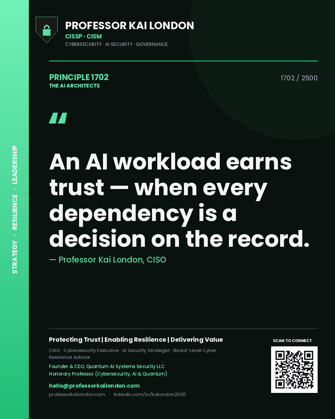 Quote card by Professor Kai London reading 'An AI workload earns trust — when every dependency is a decision on the record.'. From the book The AI Architects.