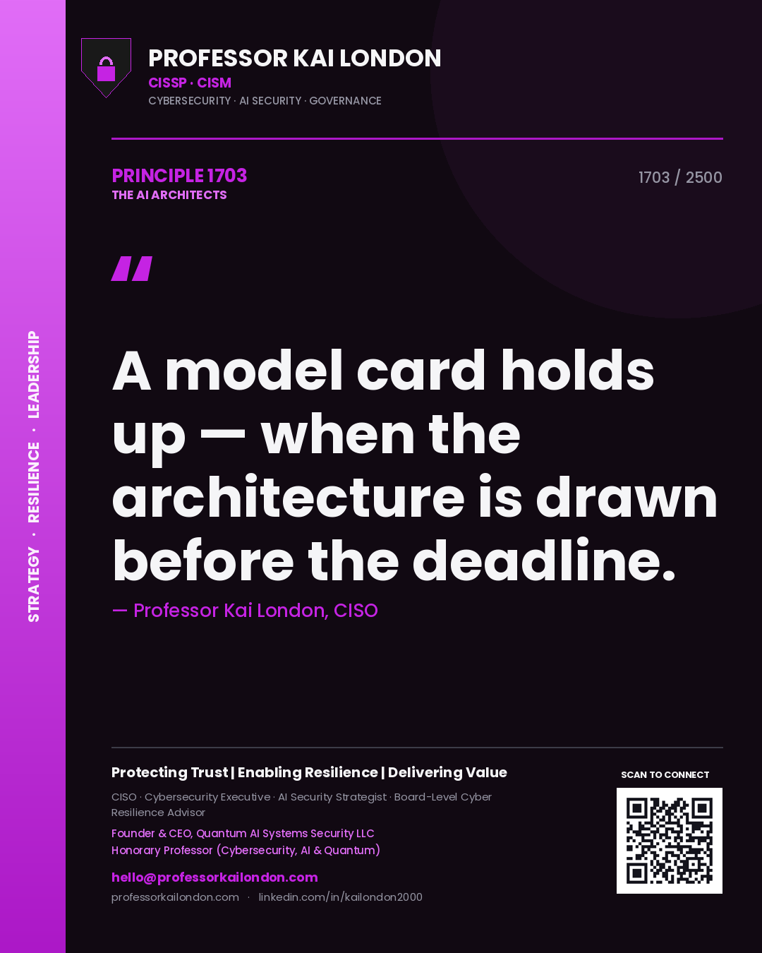 Quote card by Professor Kai London reading 'A model card holds up — when the architecture is drawn before the deadline.'. From the book The AI Architects.