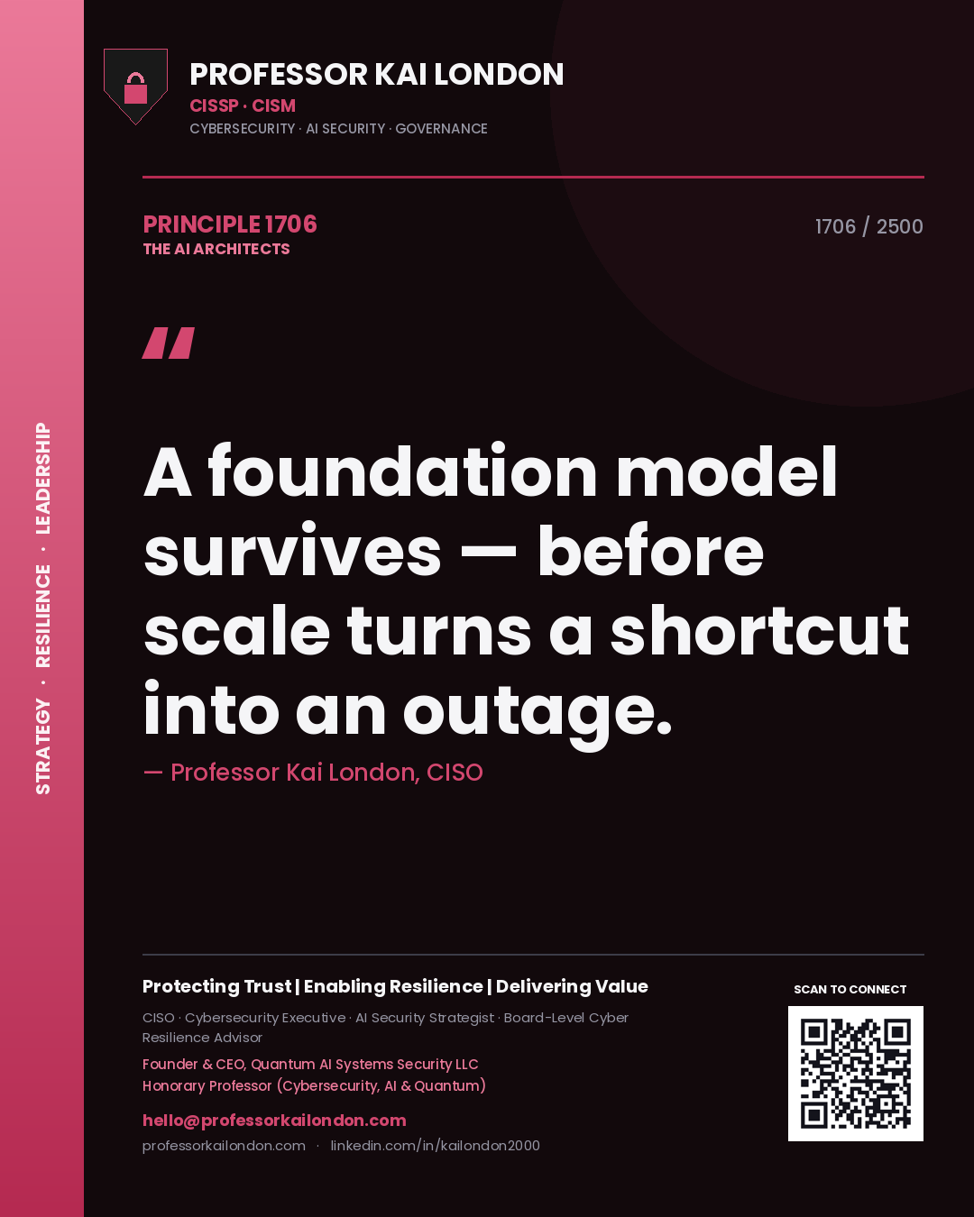 Quote card by Professor Kai London reading 'A foundation model survives — before scale turns a shortcut into an outage.'. From the book The AI Architects.