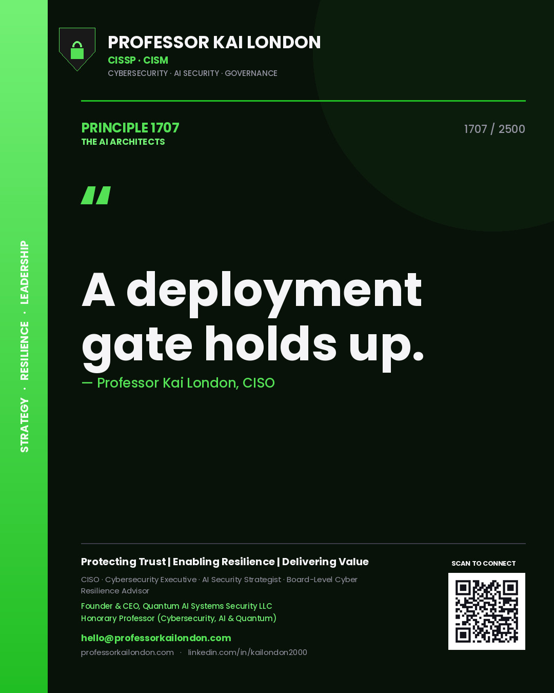 Quote card by Professor Kai London reading 'A deployment gate holds up.'. From the book The AI Architects.