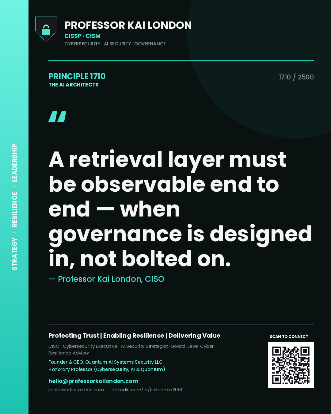 Quote card by Professor Kai London reading 'A retrieval layer must be observable end to end — when governance is designed in, not bolted on.'. From the book The AI Architects.