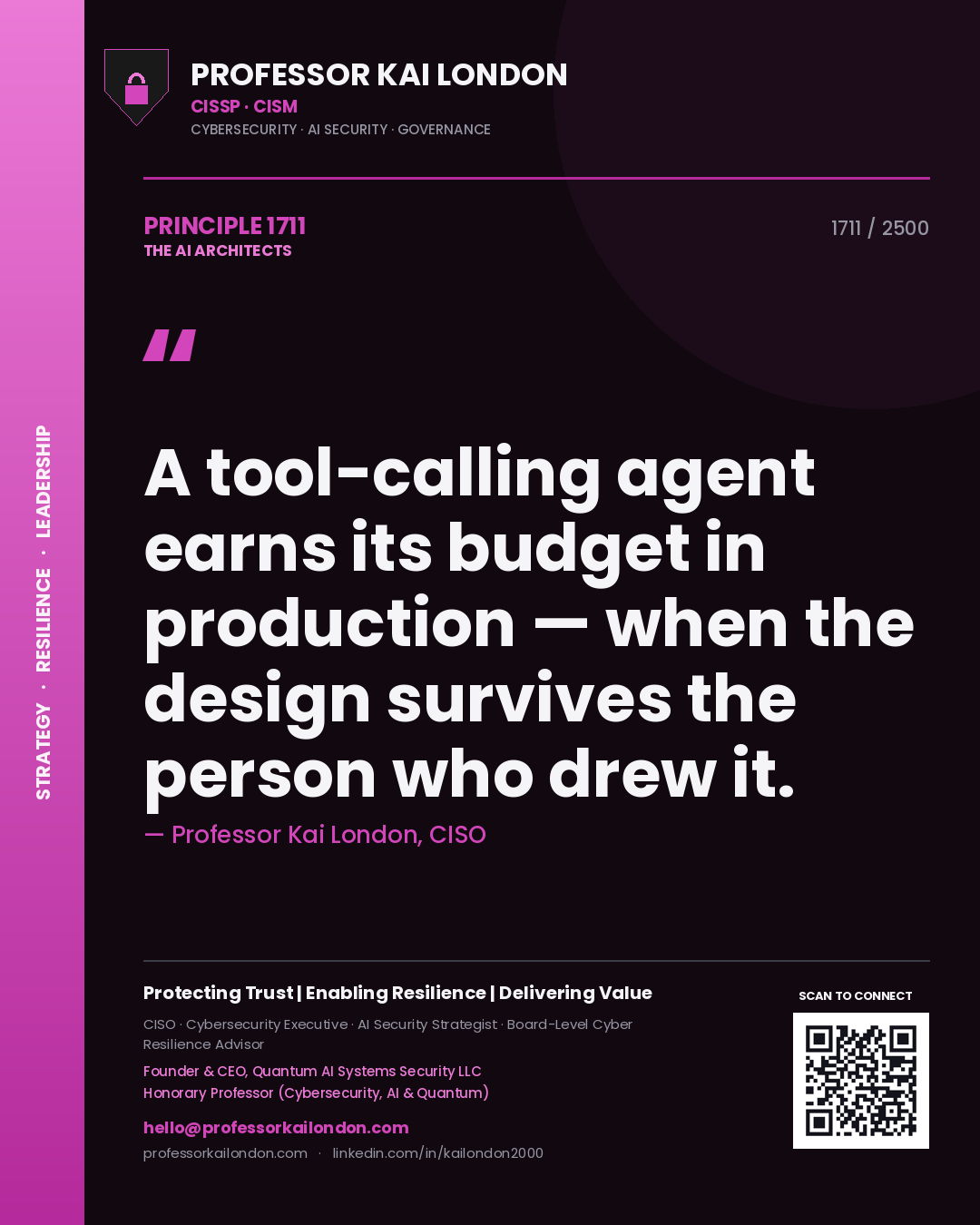Quote card by Professor Kai London reading 'A tool-calling agent earns its budget in production — when the design survives the person who drew it.'. From the book The AI Architects.
