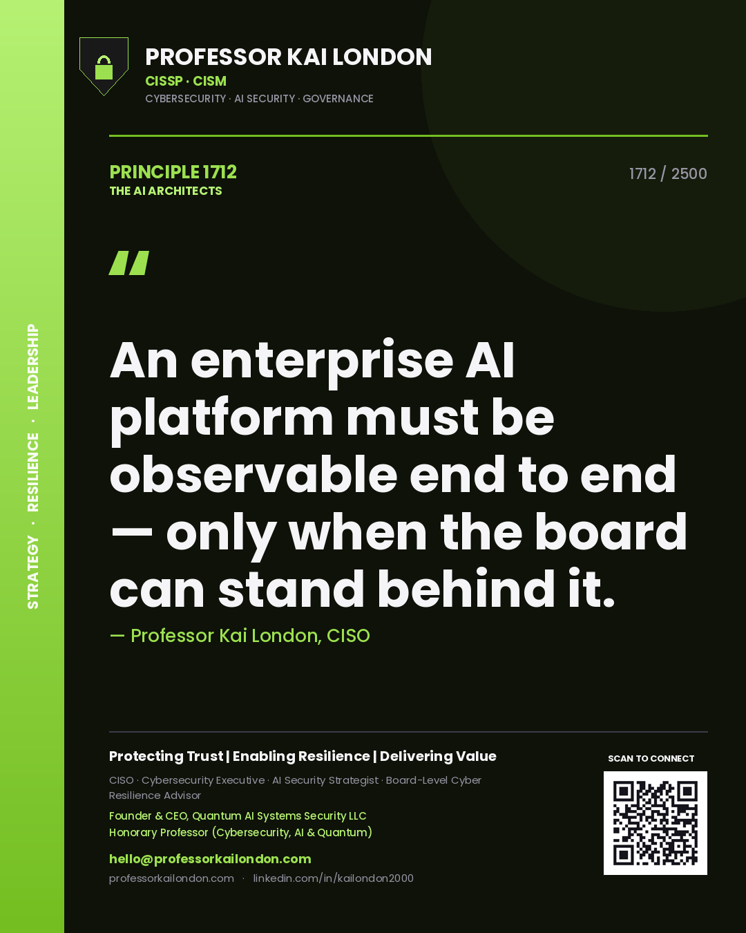 Quote card by Professor Kai London reading 'An enterprise AI platform must be observable end to end — only when the board can stand behind it.'. From the book The AI Architects.