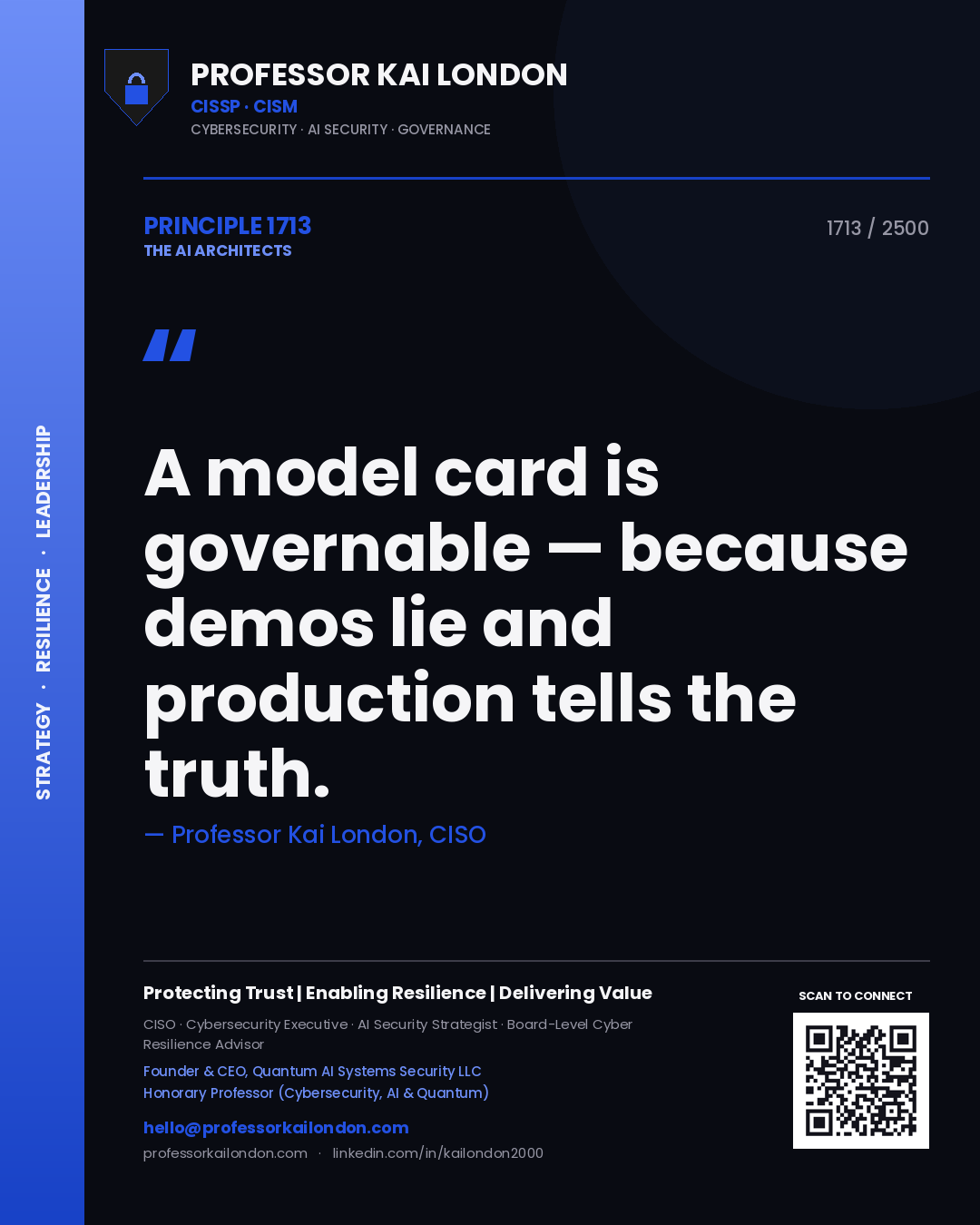 Quote card by Professor Kai London reading 'A model card is governable — because demos lie and production tells the truth.'. From the book The AI Architects.