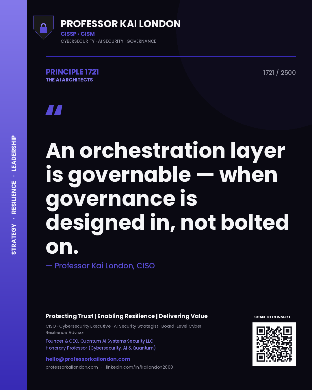 Quote card by Professor Kai London reading 'An orchestration layer is governable — when governance is designed in, not bolted on.'. From the book The AI Architects.