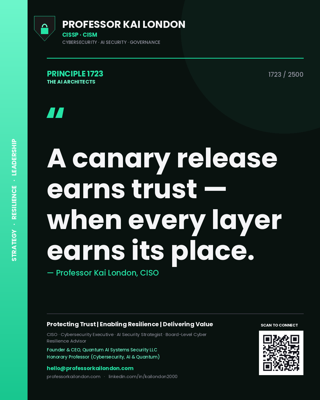 Quote card by Professor Kai London reading 'A canary release earns trust — when every layer earns its place.'. From the book The AI Architects.
