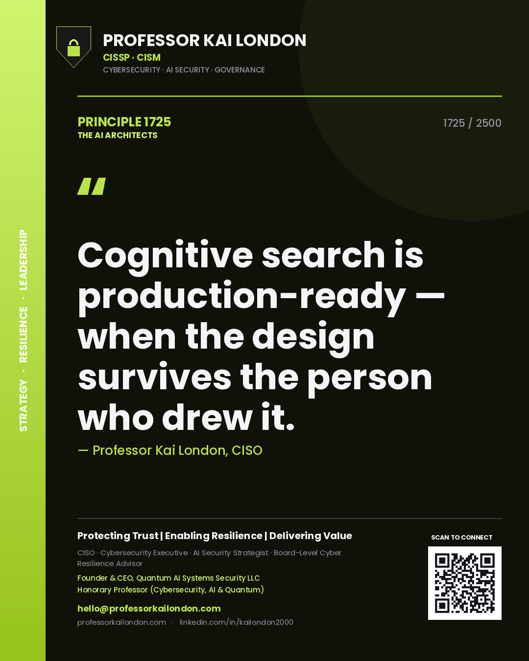 Quote card by Professor Kai London reading 'Cognitive search is production-ready — when the design survives the person who drew it.'. From the book The AI Architects.