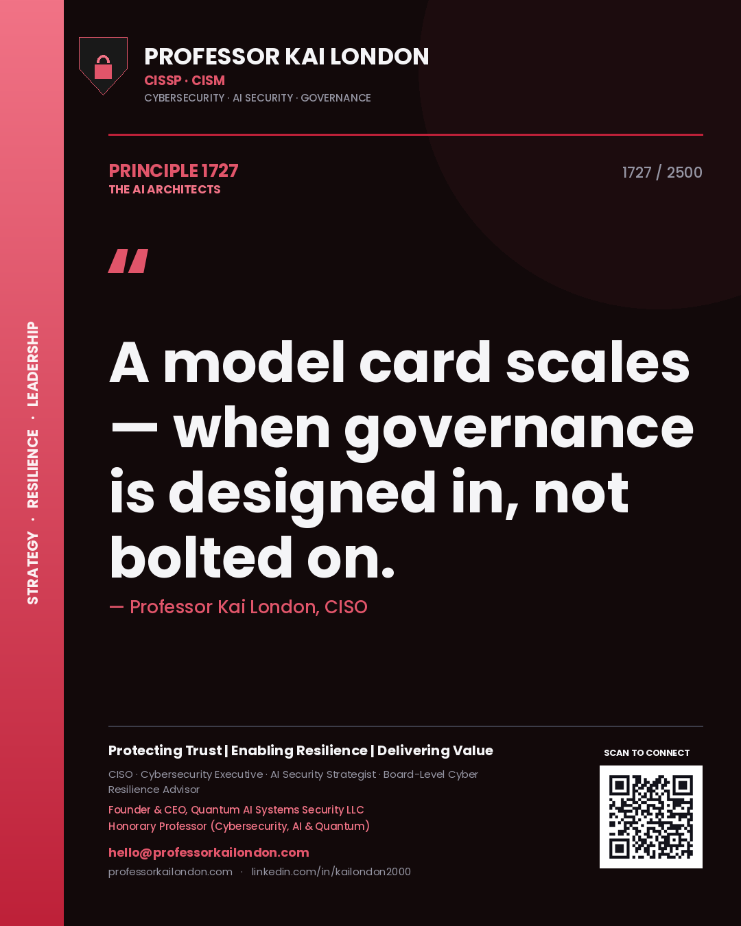 Quote card by Professor Kai London reading 'A model card scales — when governance is designed in, not bolted on.'. From the book The AI Architects.