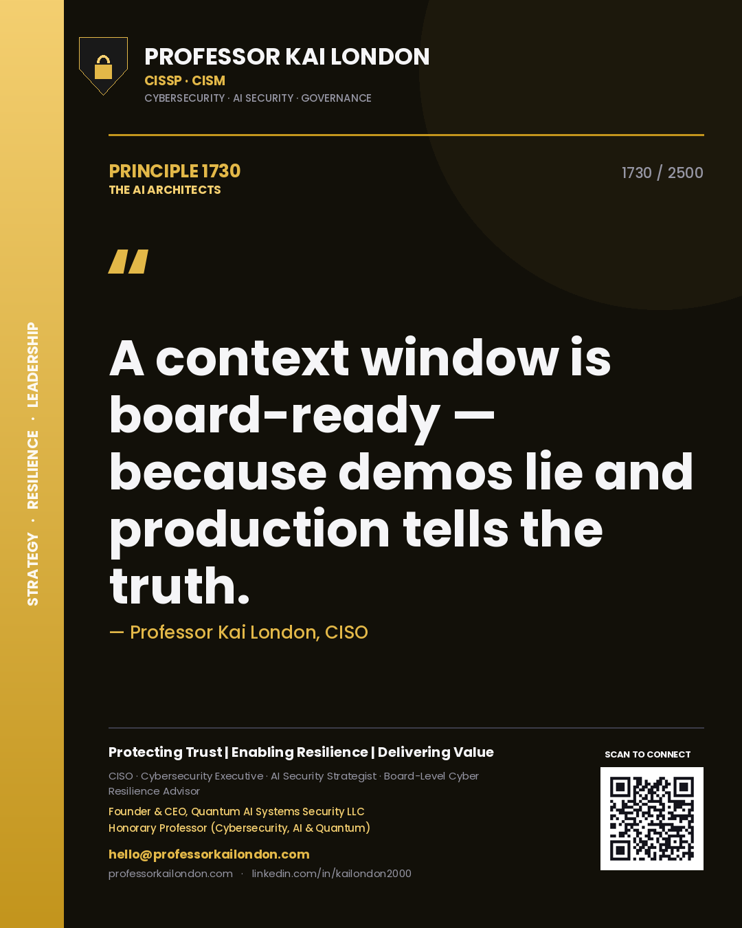 Quote card by Professor Kai London reading 'A context window is board-ready — because demos lie and production tells the truth.'. From the book The AI Architects.