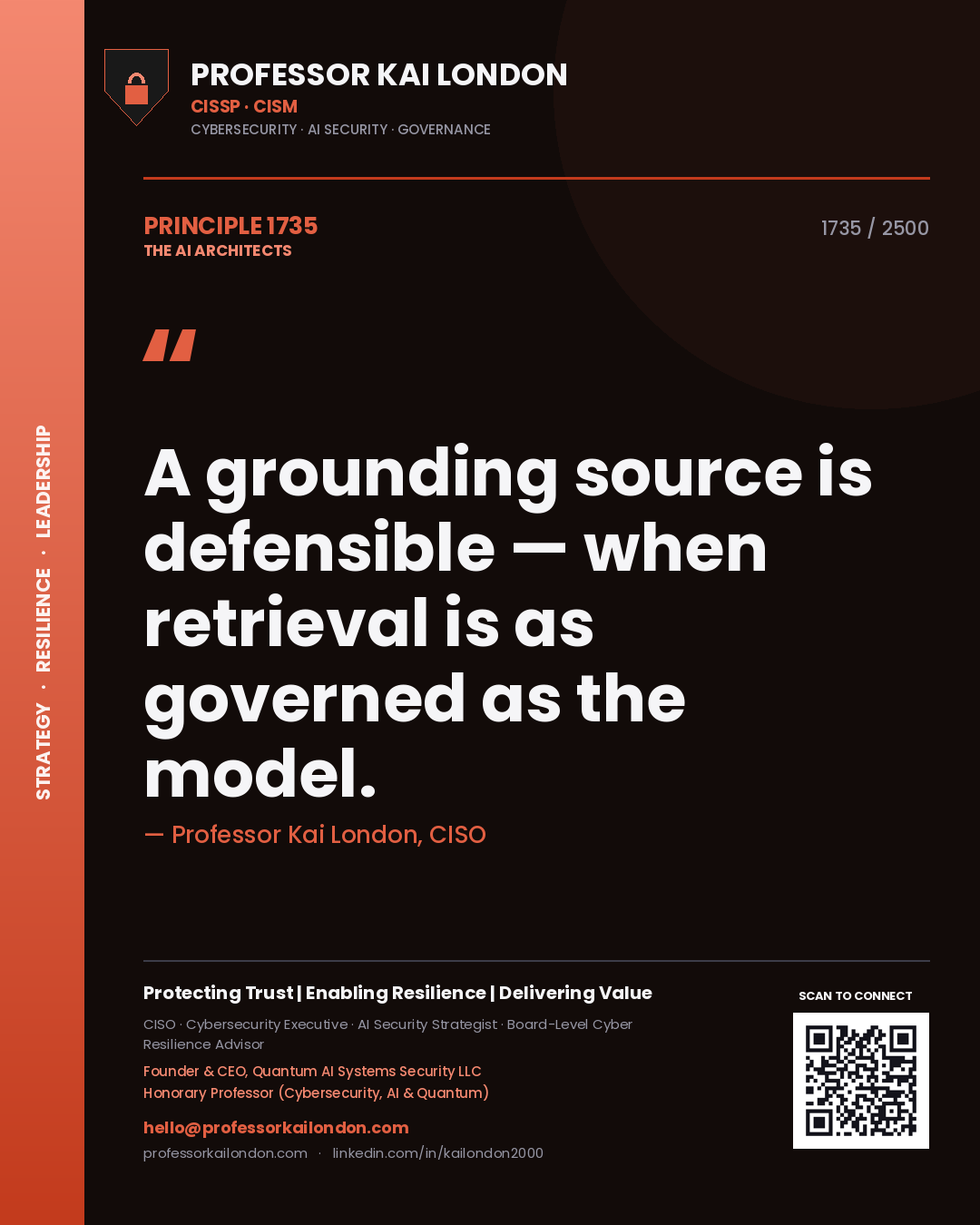 Quote card by Professor Kai London reading 'A grounding source is defensible — when retrieval is as governed as the model.'. From the book The AI Architects.