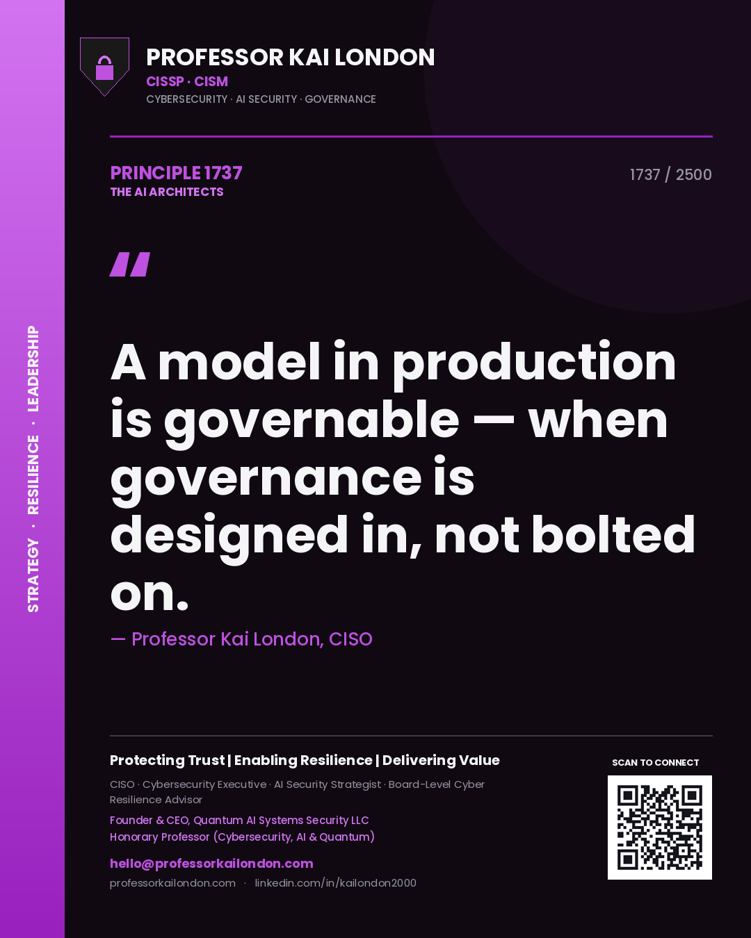 Quote card by Professor Kai London reading 'A model in production is governable — when governance is designed in, not bolted on.'. From the book The AI Architects.