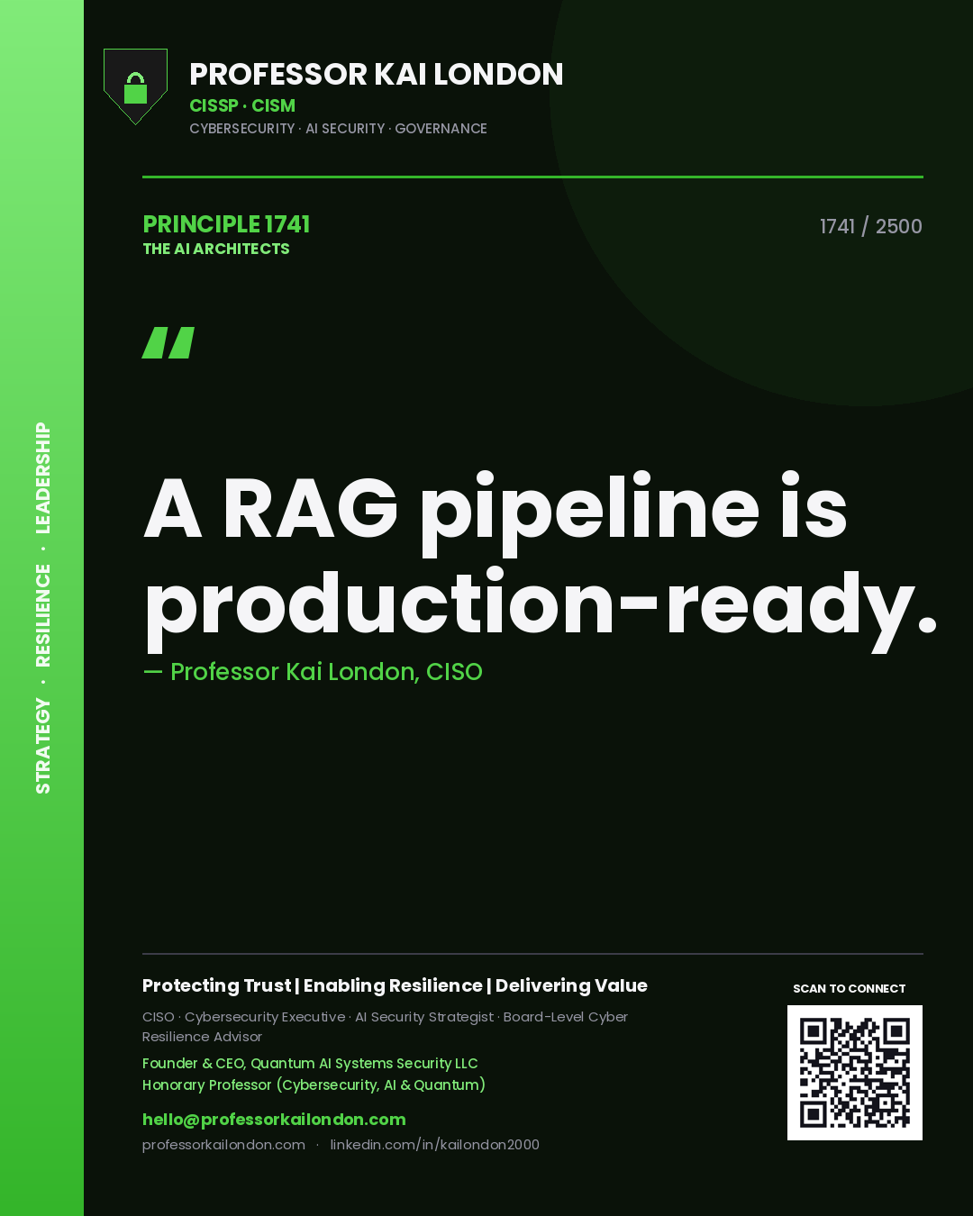 Quote card by Professor Kai London reading 'A RAG pipeline is production-ready.'. From the book The AI Architects.