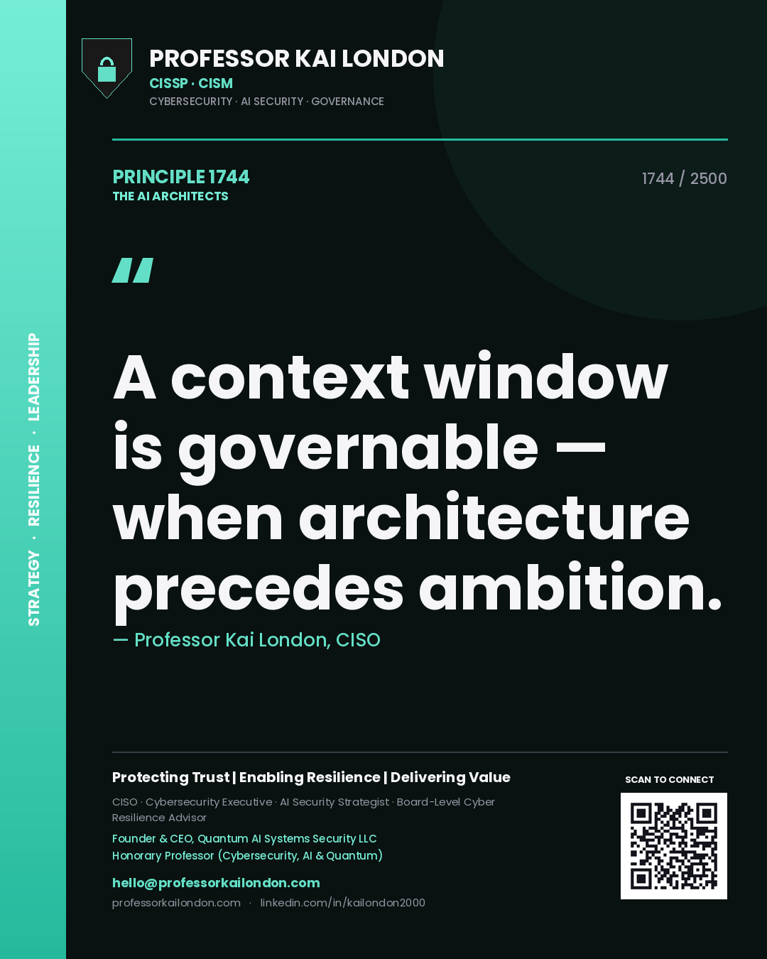 Quote card by Professor Kai London reading 'A context window is governable — when architecture precedes ambition.'. From the book The AI Architects.