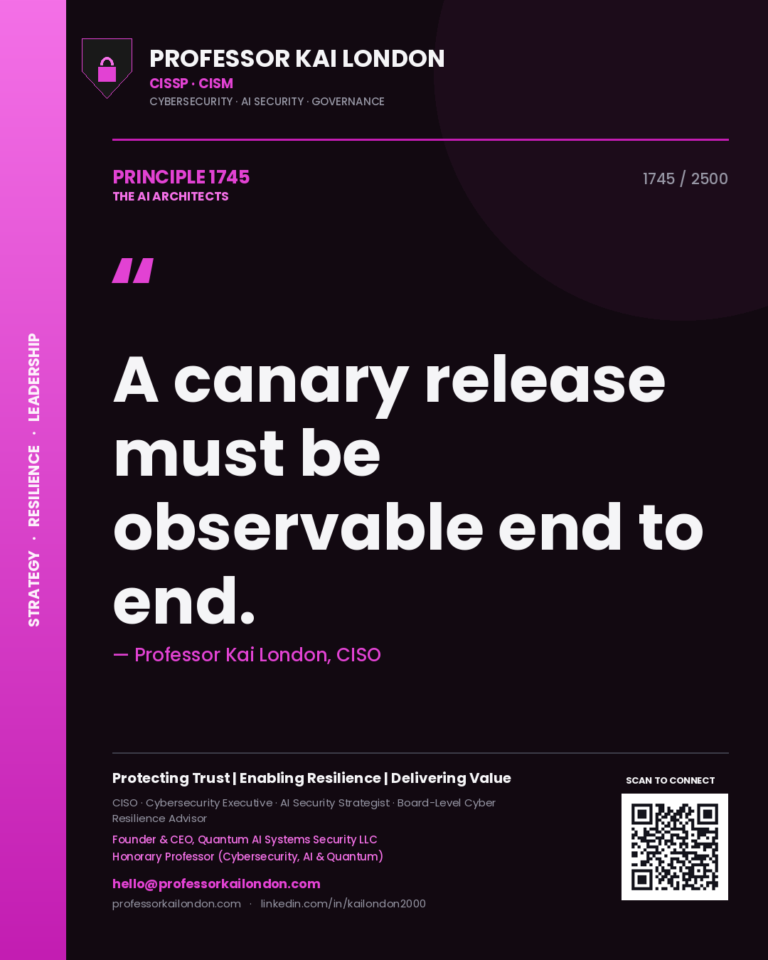 Quote card by Professor Kai London reading 'A canary release must be observable end to end.'. From the book The AI Architects.
