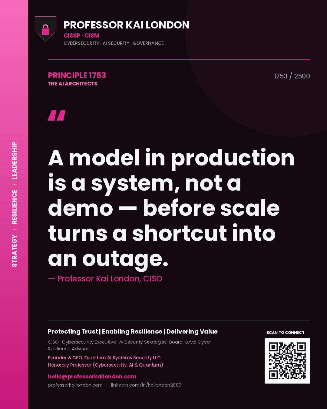 Professor Kai London principle 1753: A model in production is a system, not a demo — before scale turns a shortcut into an outage.