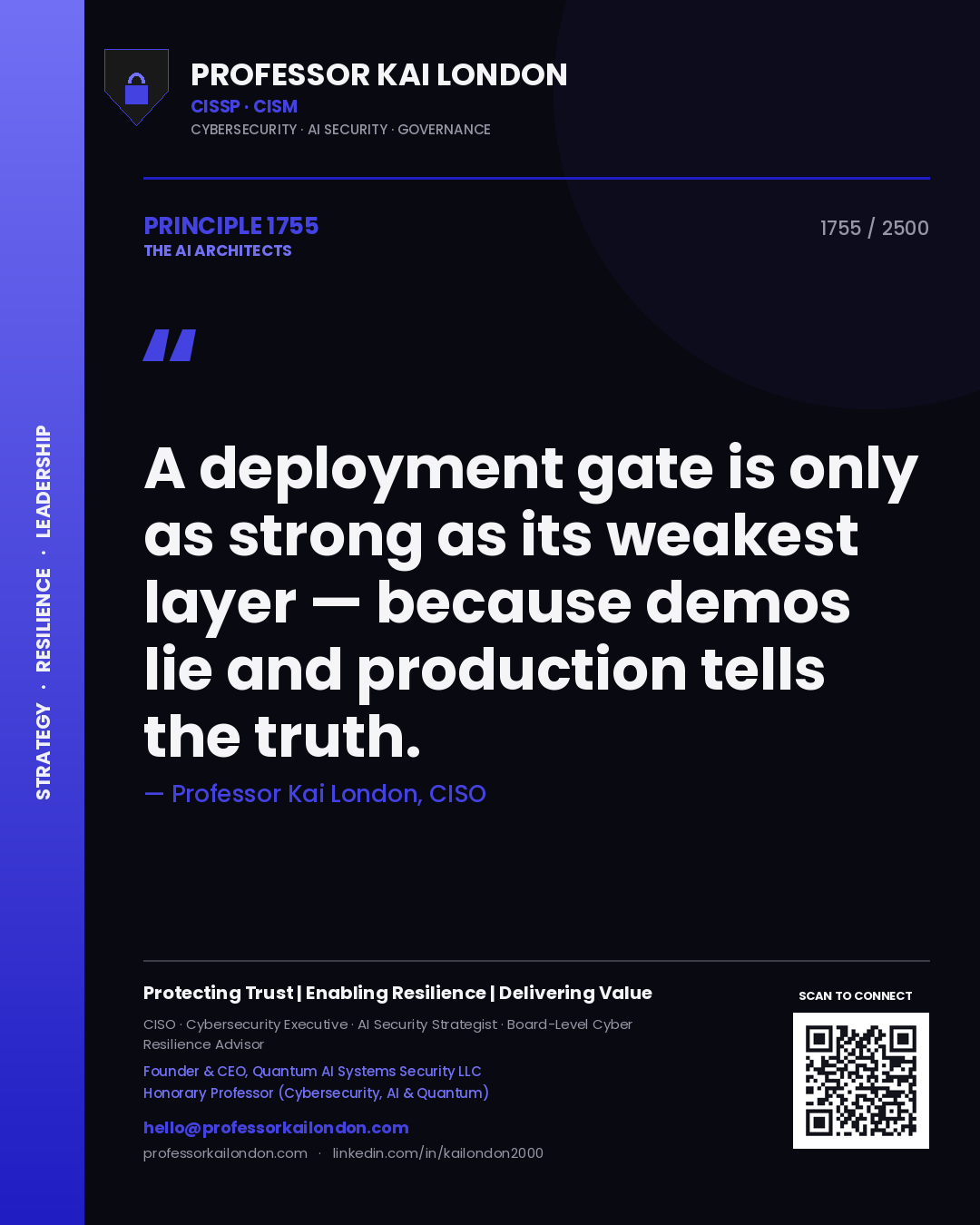 Quote card by Professor Kai London reading 'A deployment gate is only as strong as its weakest layer — because demos lie and production tells the truth.'. From the book The AI Architects.