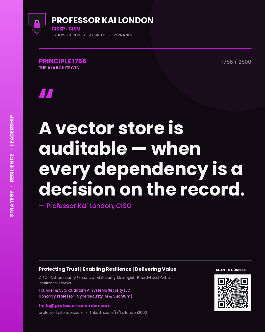 Professor Kai London principle 1758: A vector store is auditable — when every dependency is a decision on the record.