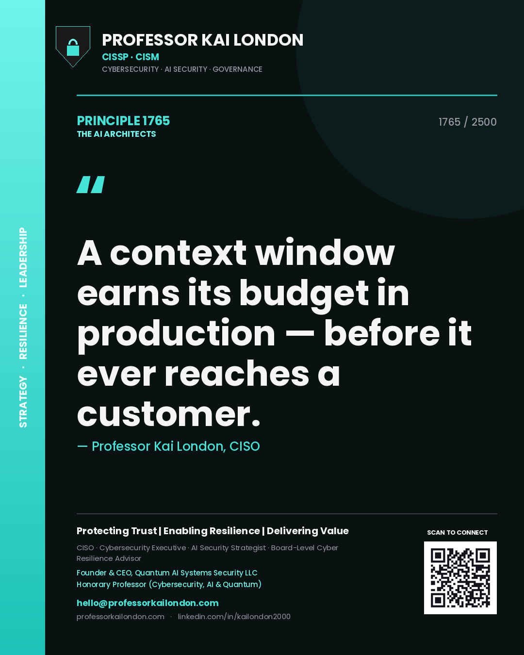 Quote card by Professor Kai London reading 'A context window earns its budget in production — before it ever reaches a customer.'. From the book The AI Architects.