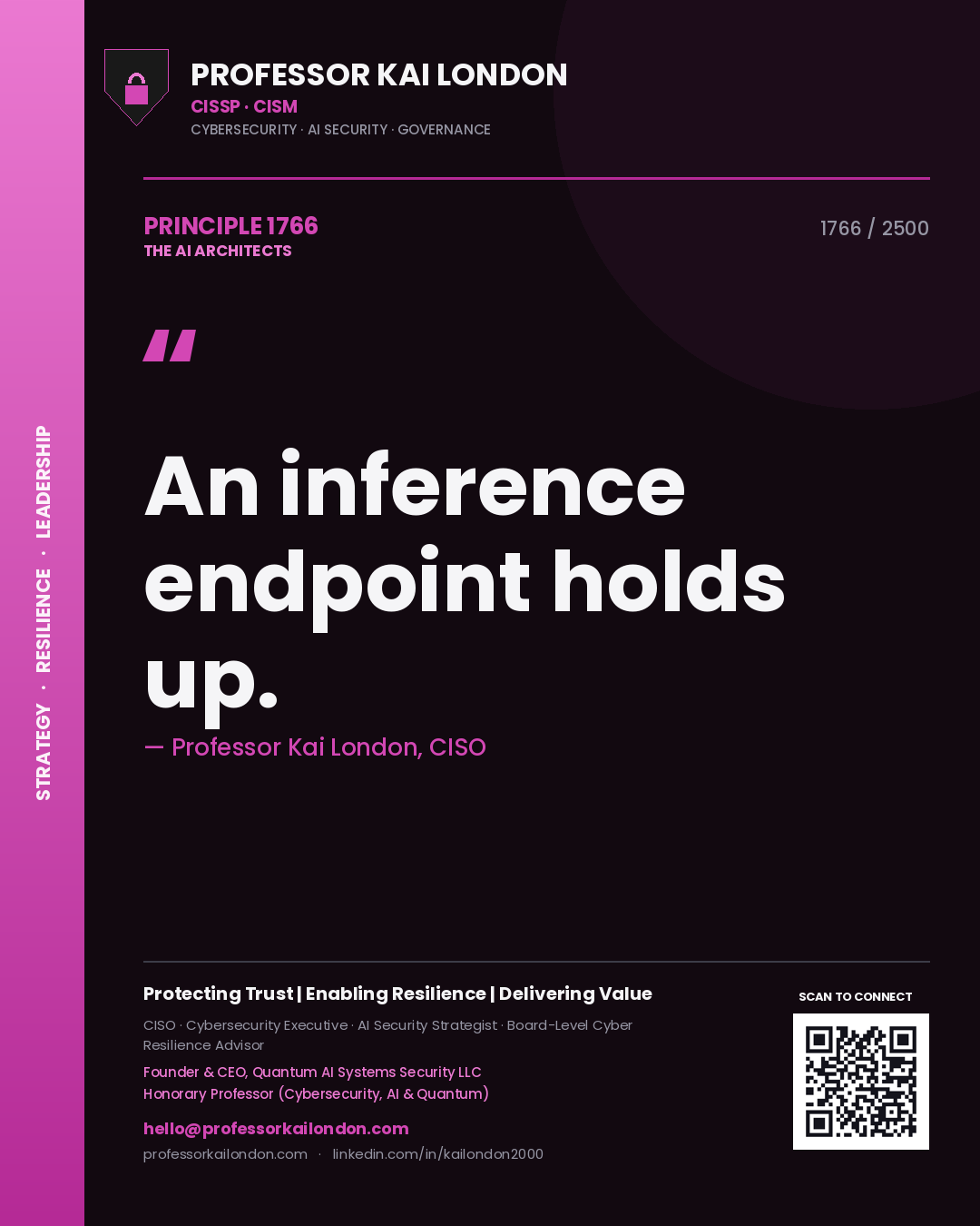 Quote card by Professor Kai London reading 'An inference endpoint holds up.'. From the book The AI Architects.
