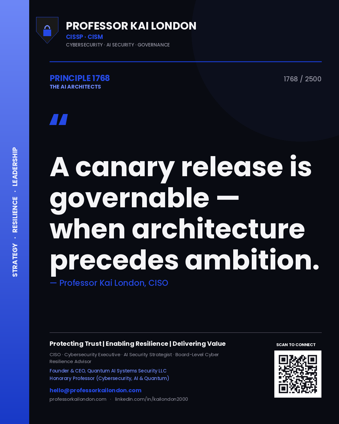 Quote card by Professor Kai London reading 'A canary release is governable — when architecture precedes ambition.'. From the book The AI Architects.