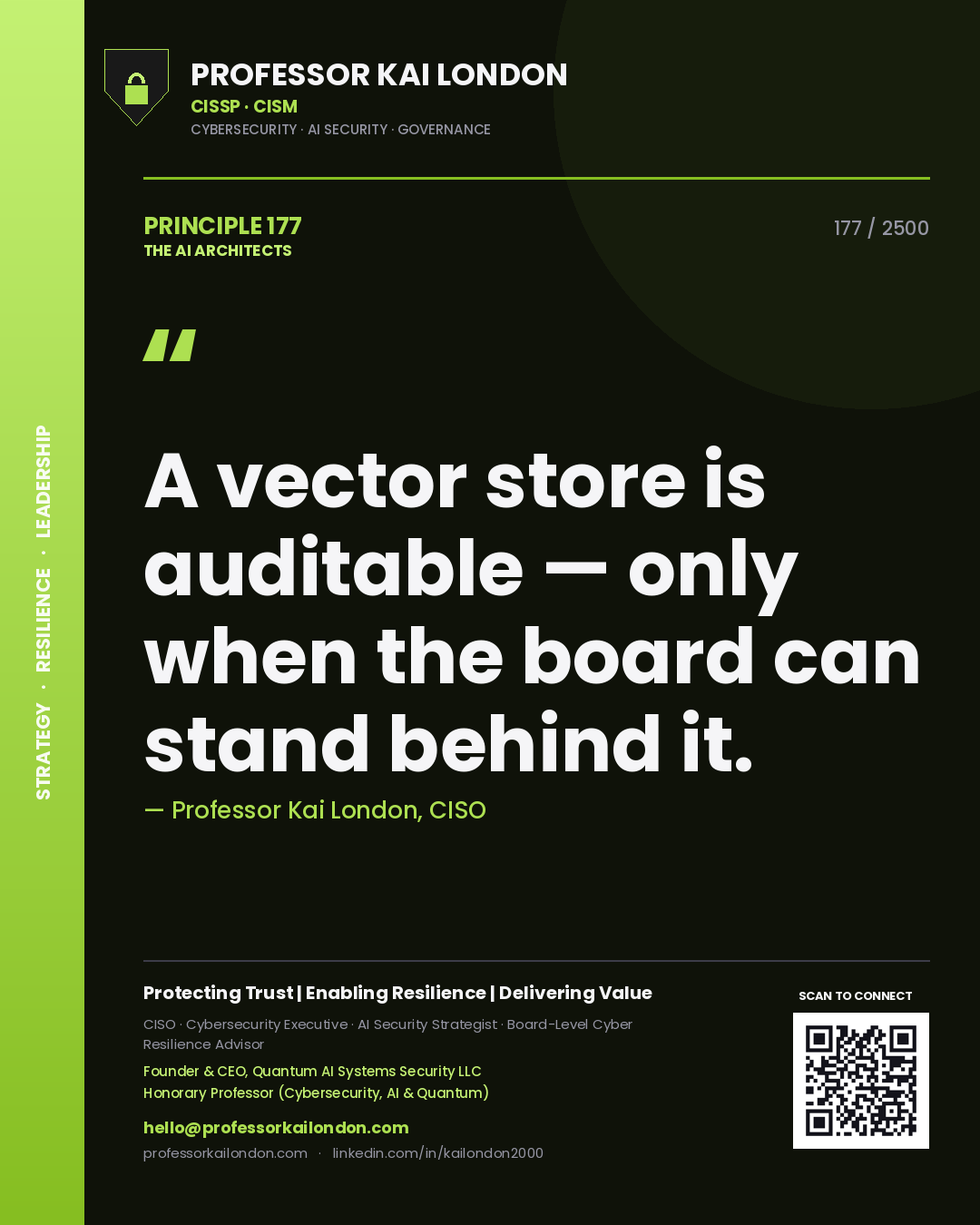 Quote card by Professor Kai London reading 'A vector store is auditable — only when the board can stand behind it.'. From the book The AI Architects.