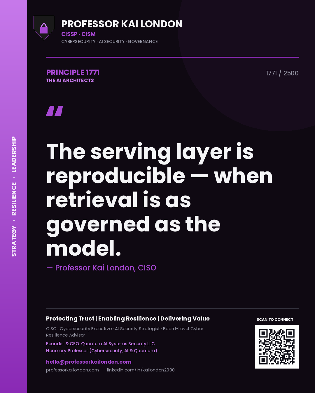 Quote card by Professor Kai London reading 'The serving layer is reproducible — when retrieval is as governed as the model.'. From the book The AI Architects.