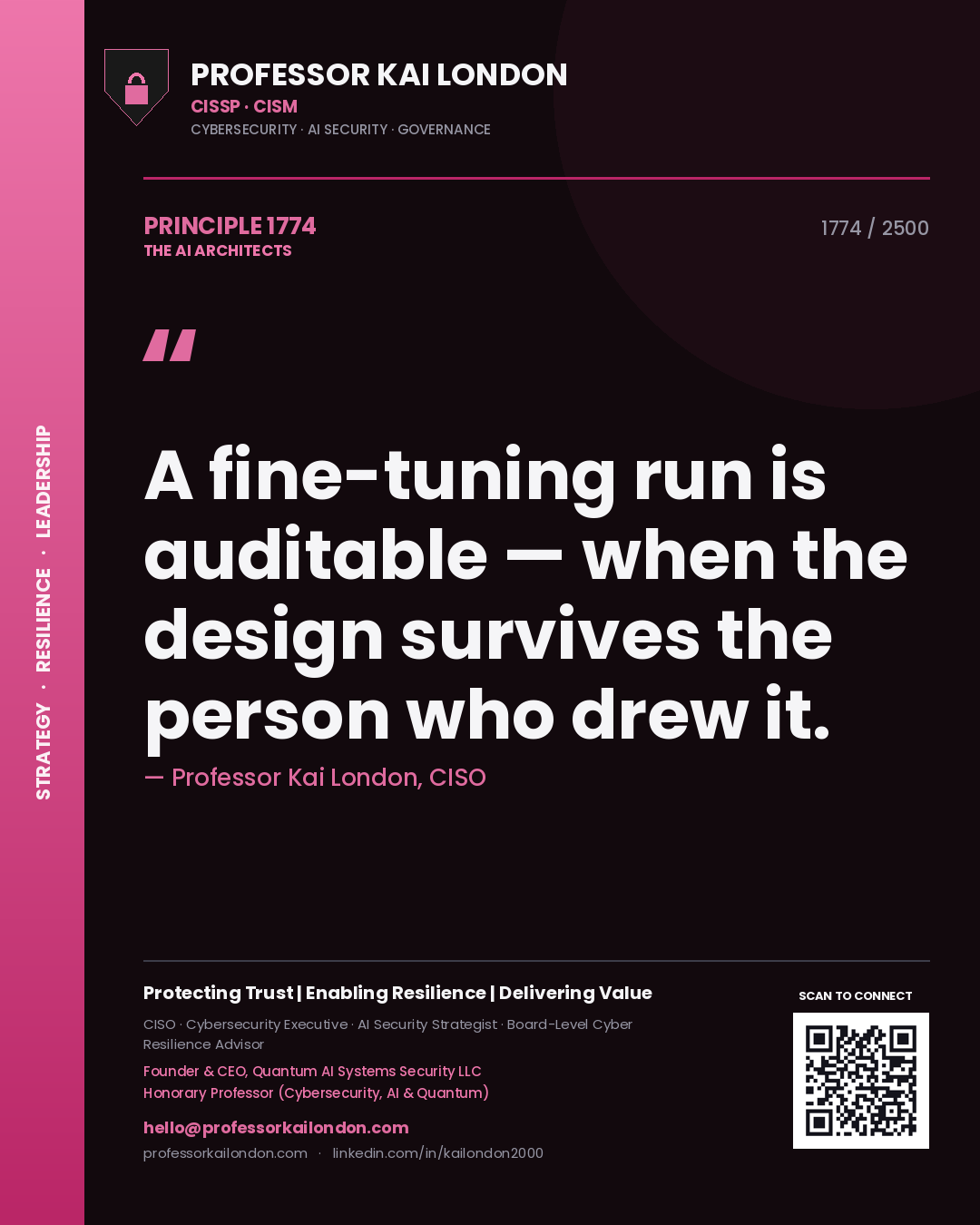 Quote card by Professor Kai London reading 'A fine-tuning run is auditable — when the design survives the person who drew it.'. From the book The AI Architects.