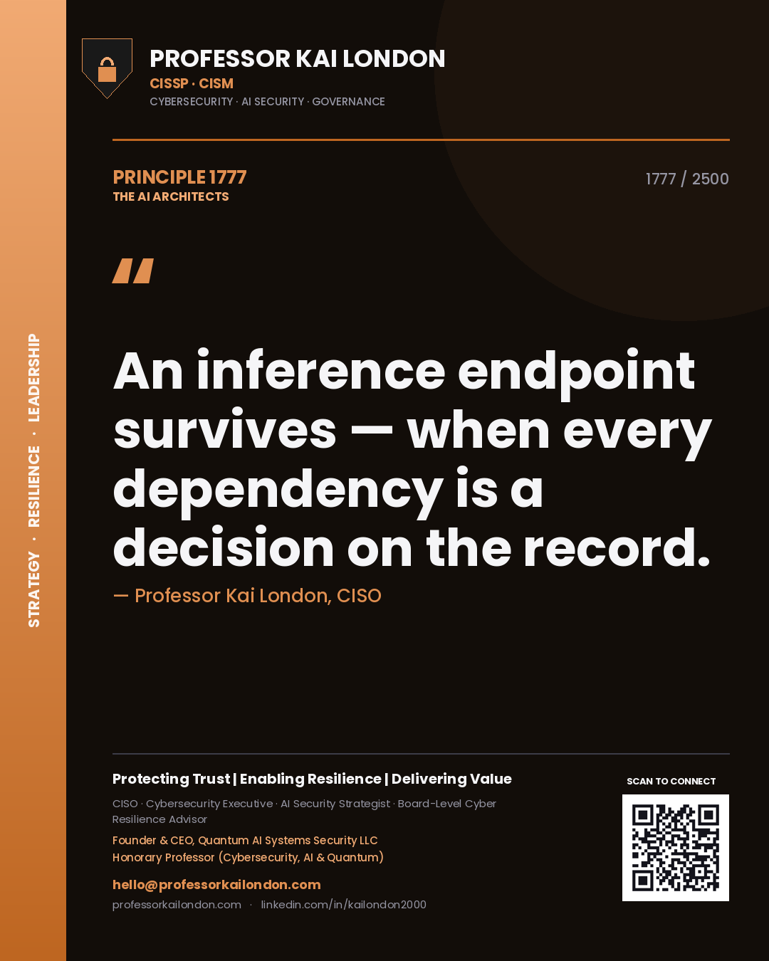Quote card by Professor Kai London reading 'An inference endpoint survives — when every dependency is a decision on the record.'. From the book The AI Architects.