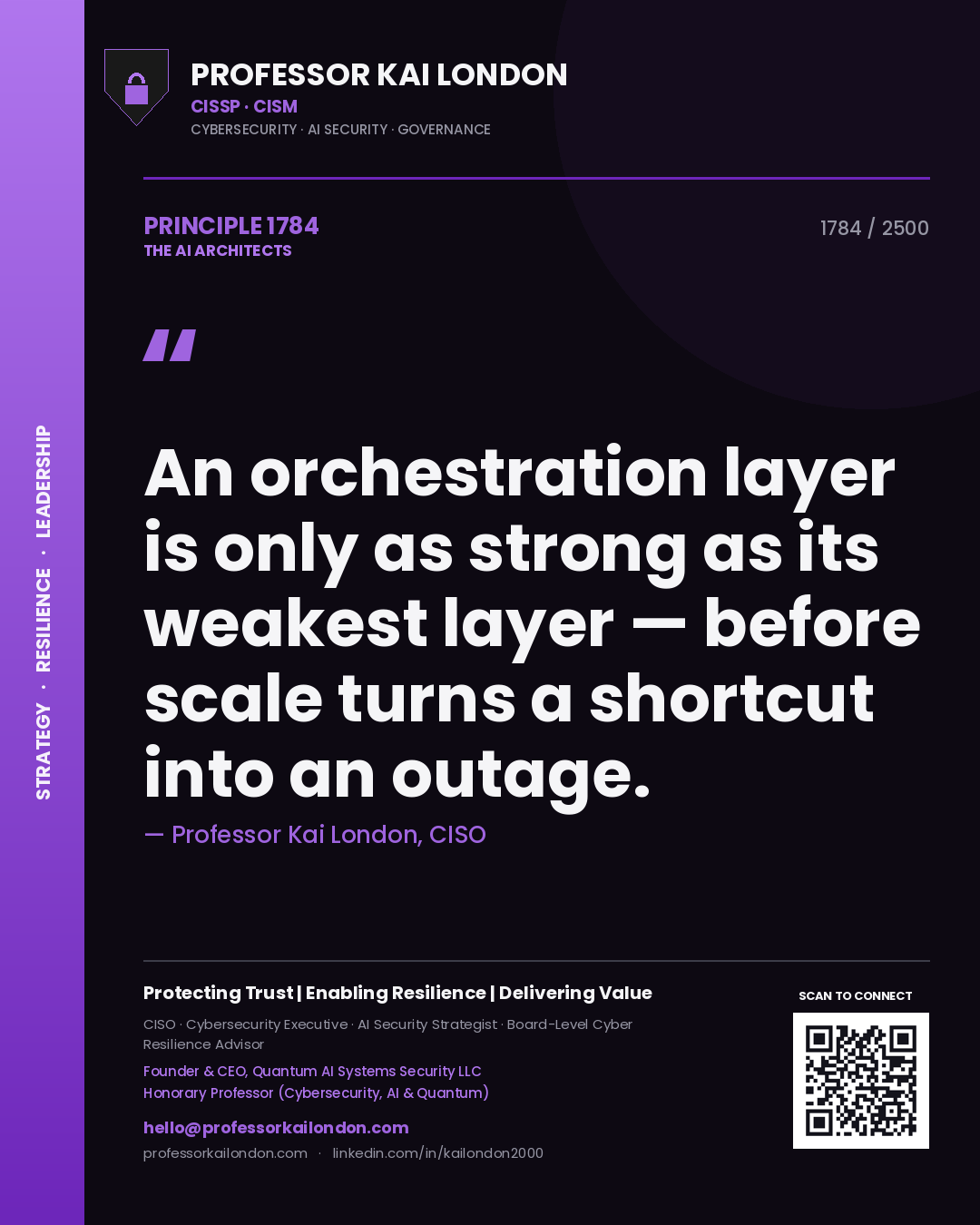 Quote card by Professor Kai London reading 'An orchestration layer is only as strong as its weakest layer — before scale turns a shortcut into an outage.'. From the book The AI Architects.
