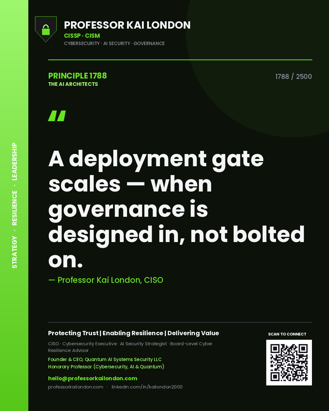 Quote card by Professor Kai London reading 'A deployment gate scales — when governance is designed in, not bolted on.'. From the book The AI Architects.