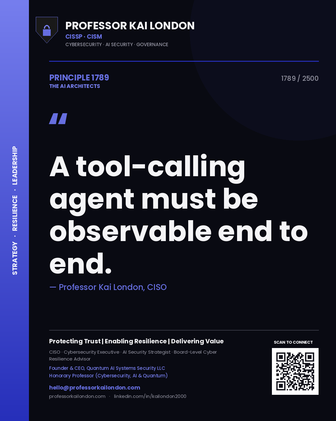 Quote card by Professor Kai London reading 'A tool-calling agent must be observable end to end.'. From the book The AI Architects.