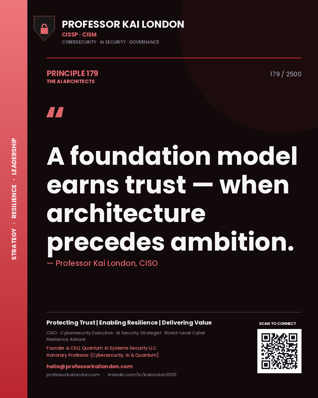 Quote card by Professor Kai London reading 'A foundation model earns trust — when architecture precedes ambition.'. From the book The AI Architects.