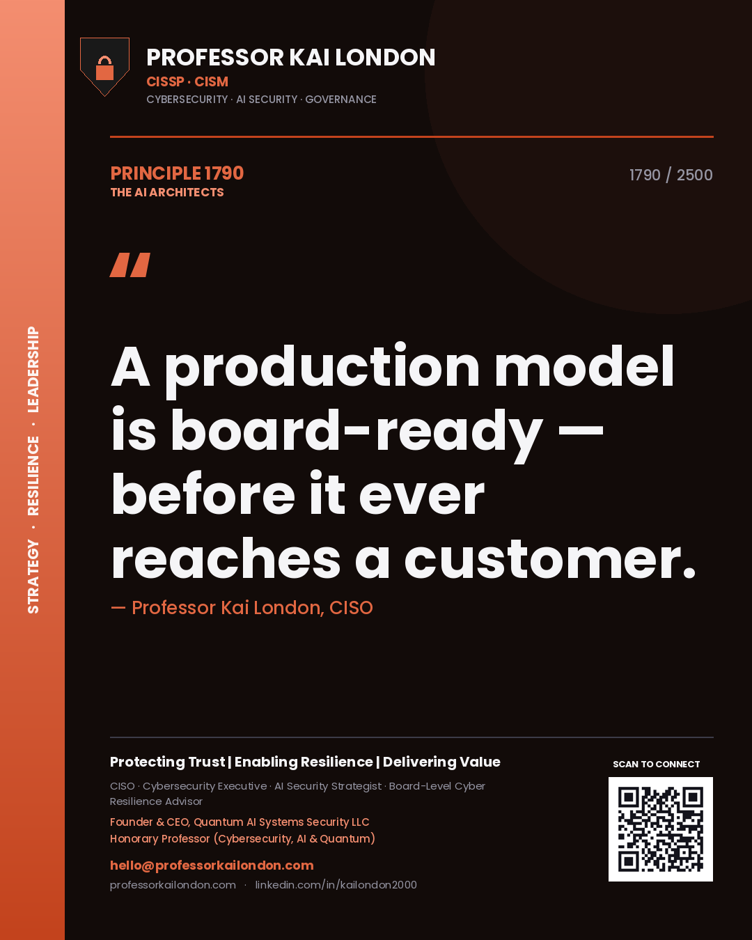 Quote card by Professor Kai London reading 'A production model is board-ready — before it ever reaches a customer.'. From the book The AI Architects.