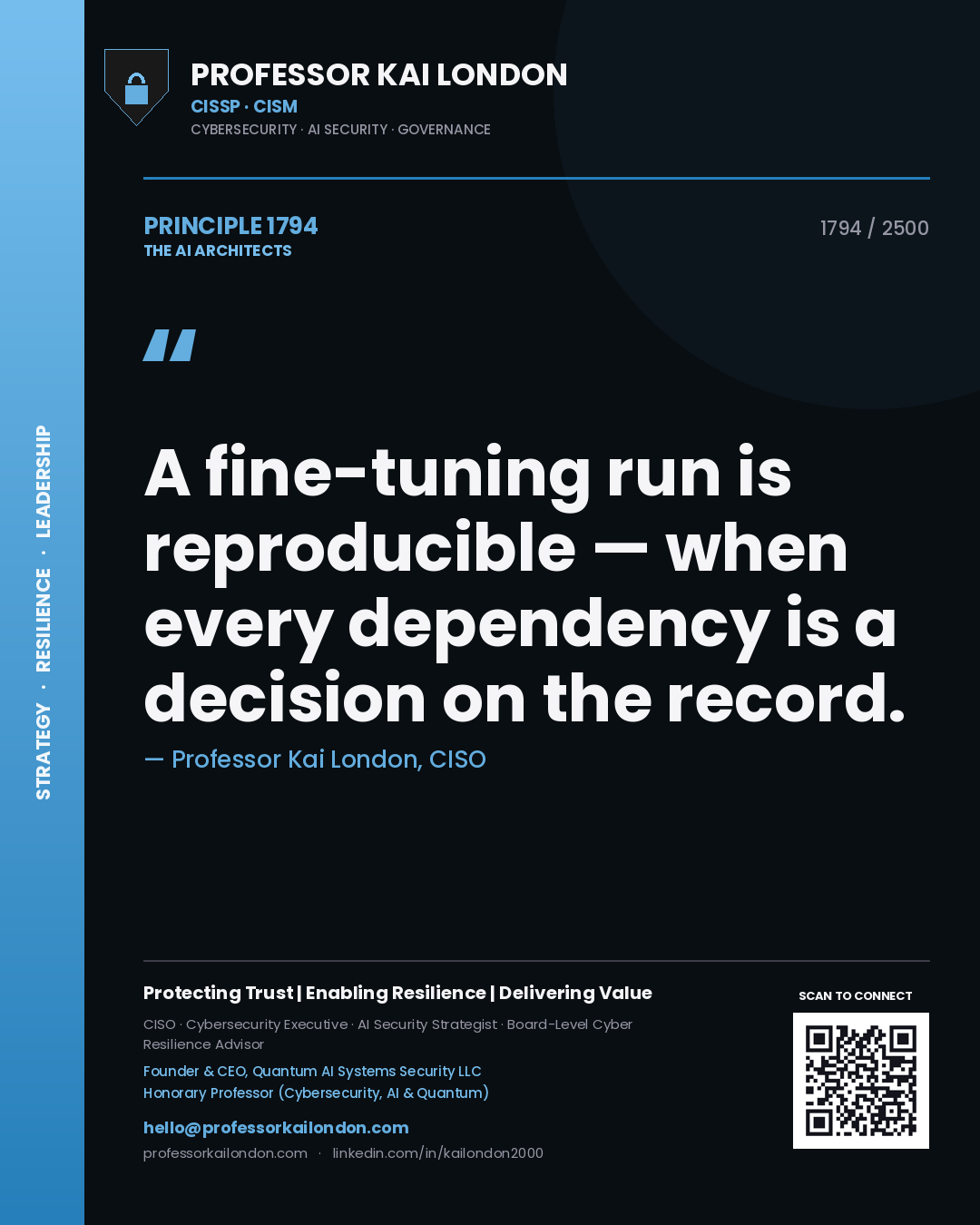 Quote card by Professor Kai London reading 'A fine-tuning run is reproducible — when every dependency is a decision on the record.'. From the book The AI Architects.