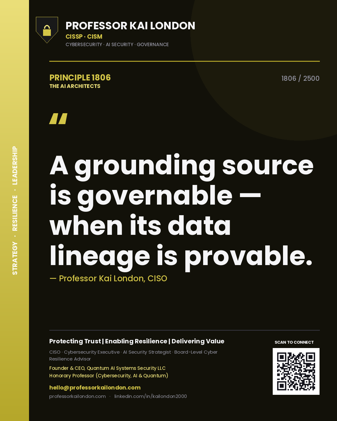 Quote card by Professor Kai London reading 'A grounding source is governable — when its data lineage is provable.'. From the book The AI Architects.