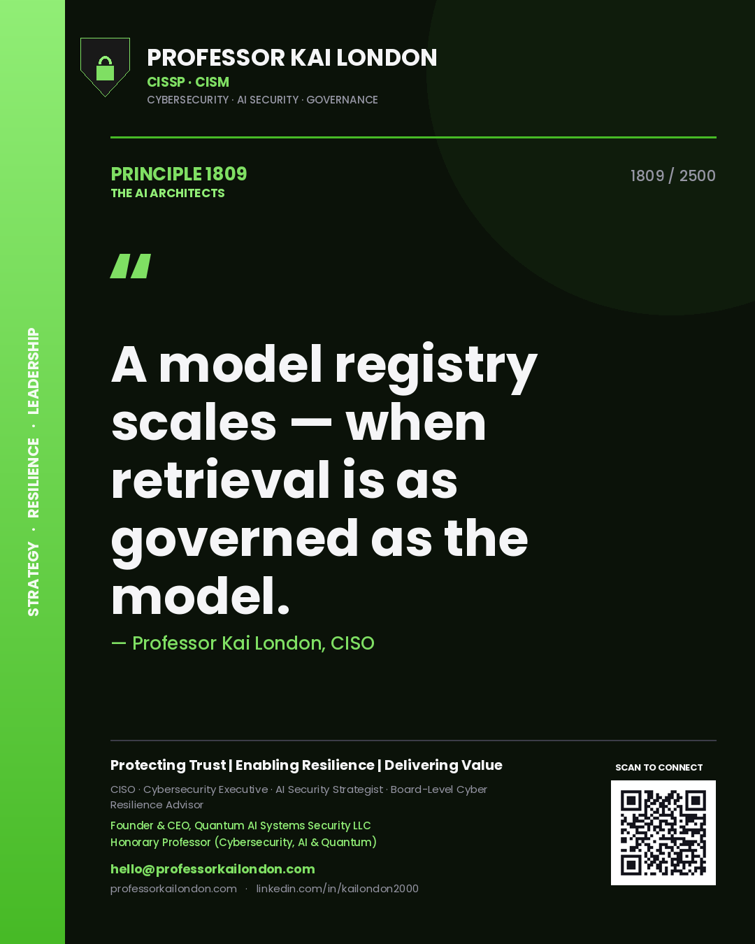 Quote card by Professor Kai London reading 'A model registry scales — when retrieval is as governed as the model.'. From the book The AI Architects.