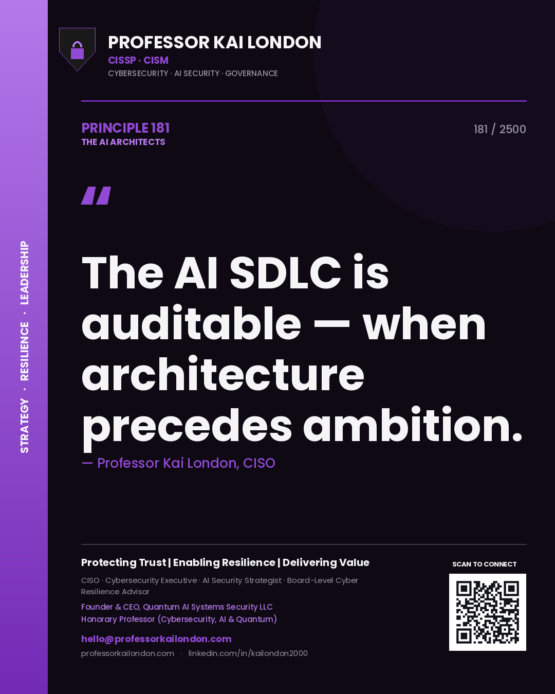 Quote card by Professor Kai London reading 'The AI SDLC is auditable — when architecture precedes ambition.'. From the book The AI Architects.