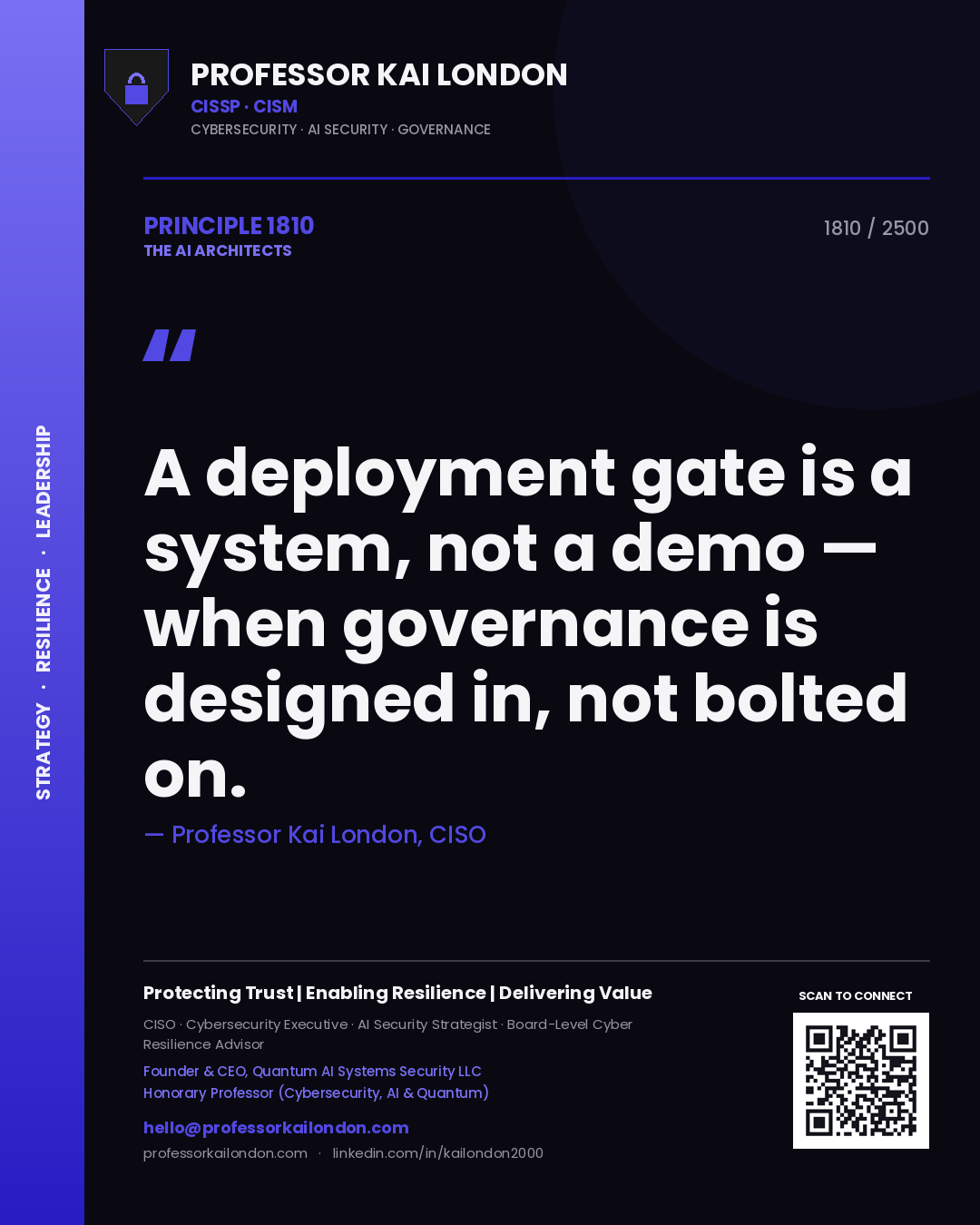 Quote card by Professor Kai London reading 'A deployment gate is a system, not a demo — when governance is designed in, not bolted on.'. From the book The AI Architects.