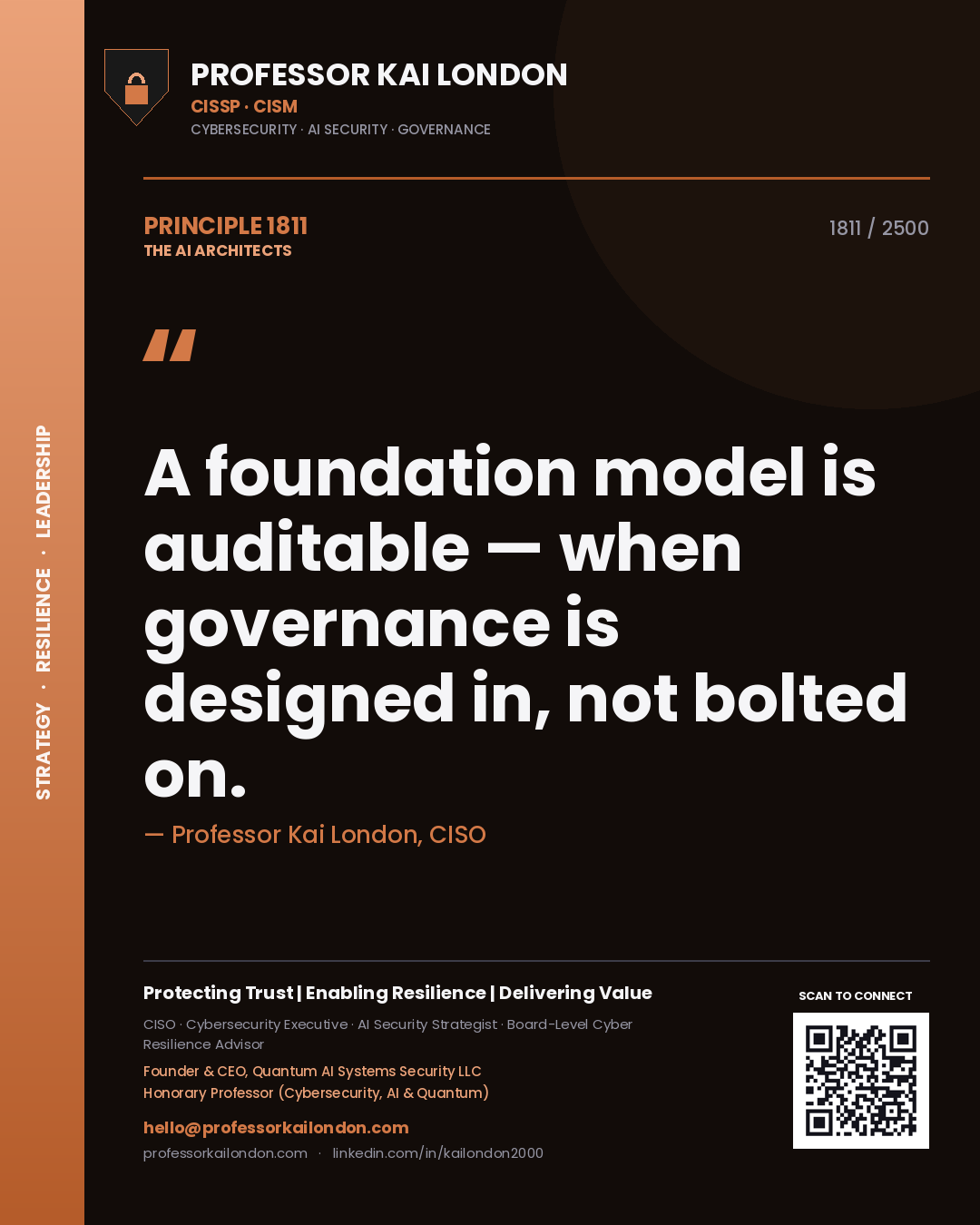 Quote card by Professor Kai London reading 'A foundation model is auditable — when governance is designed in, not bolted on.'. From the book The AI Architects.
