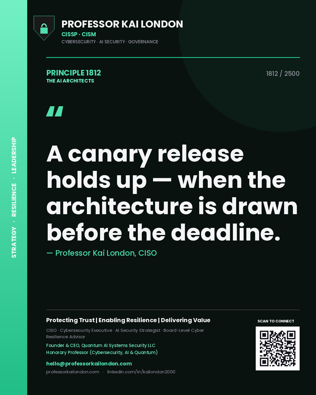Quote card by Professor Kai London reading 'A canary release holds up — when the architecture is drawn before the deadline.'. From the book The AI Architects.