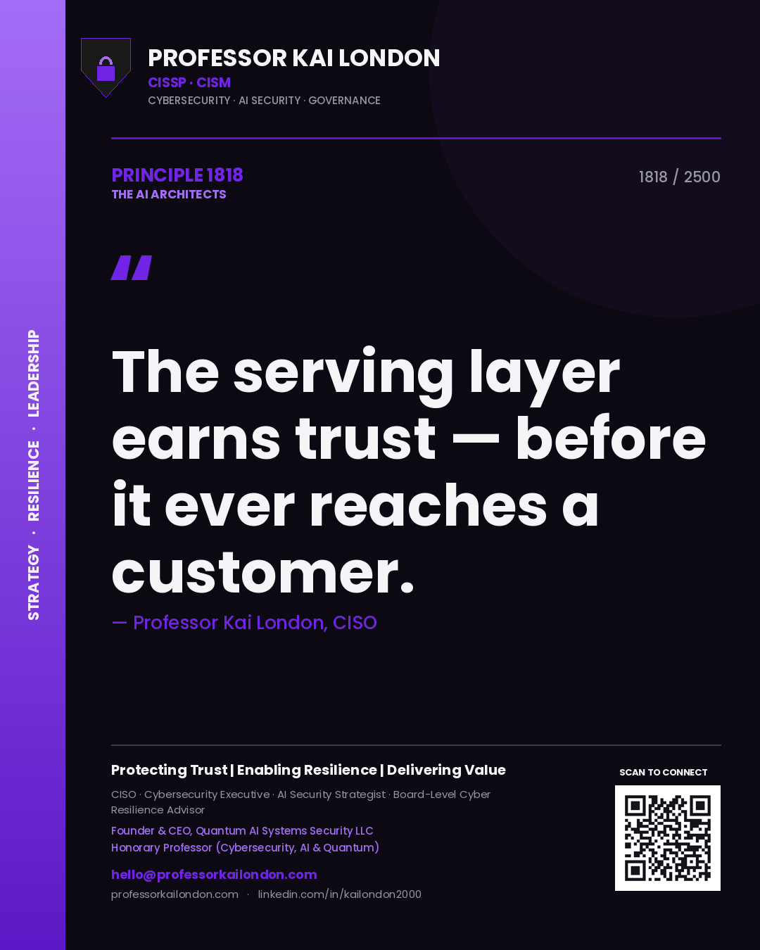 Quote card by Professor Kai London reading 'The serving layer earns trust — before it ever reaches a customer.'. From the book The AI Architects.
