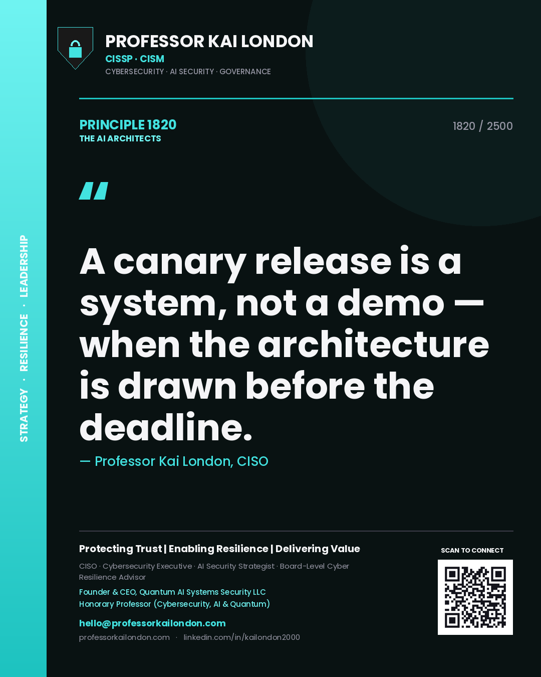 Quote card by Professor Kai London reading 'A canary release is a system, not a demo — when the architecture is drawn before the deadline.'. From the book The AI Architects.