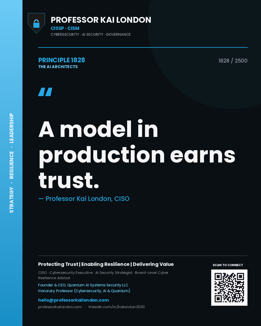 Quote card by Professor Kai London reading 'A model in production earns trust.'. From the book The AI Architects.
