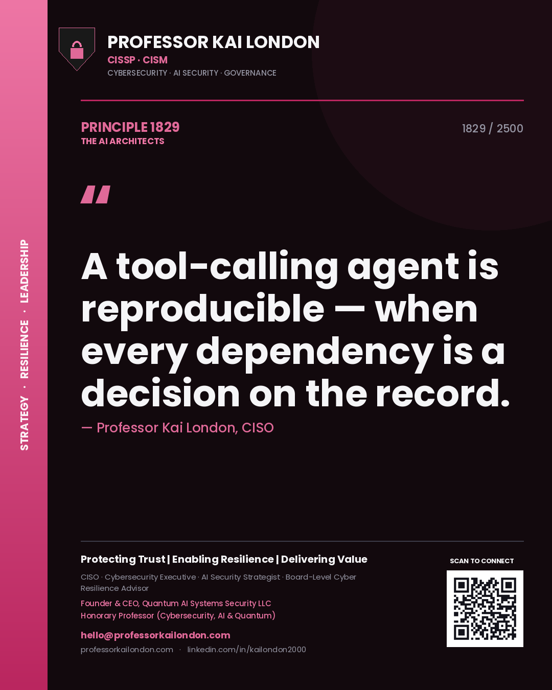 Professor Kai London principle 1829: A tool-calling agent is reproducible — when every dependency is a decision on the record.