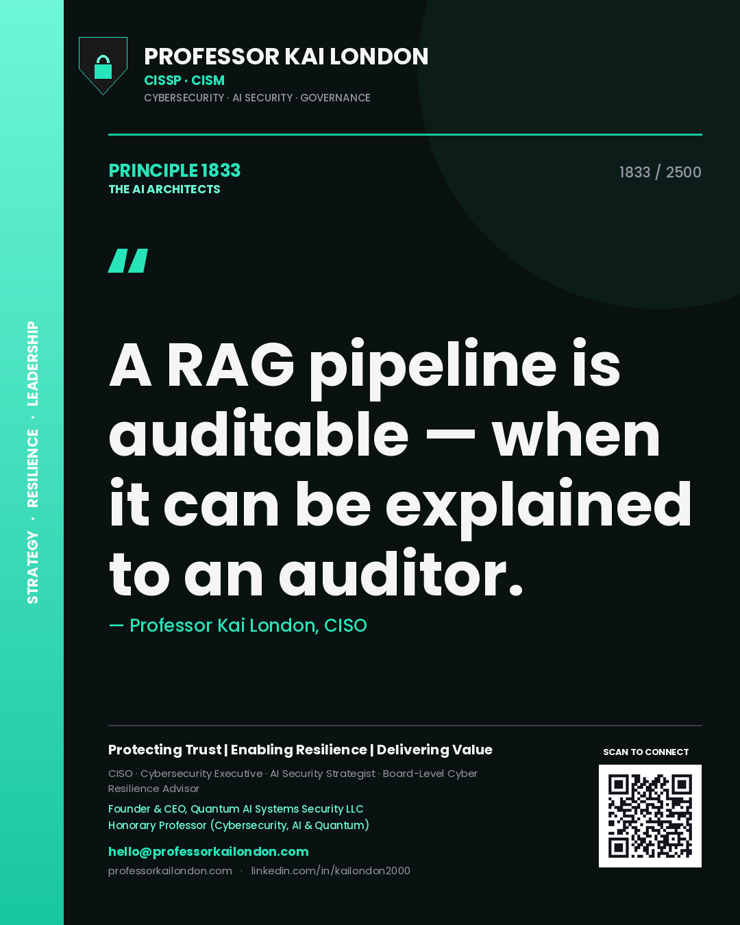 Quote card by Professor Kai London reading 'A RAG pipeline is auditable — when it can be explained to an auditor.'. From the book The AI Architects.
