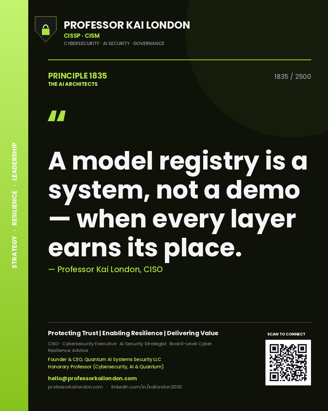 Quote card by Professor Kai London reading 'A model registry is a system, not a demo — when every layer earns its place.'. From the book The AI Architects.